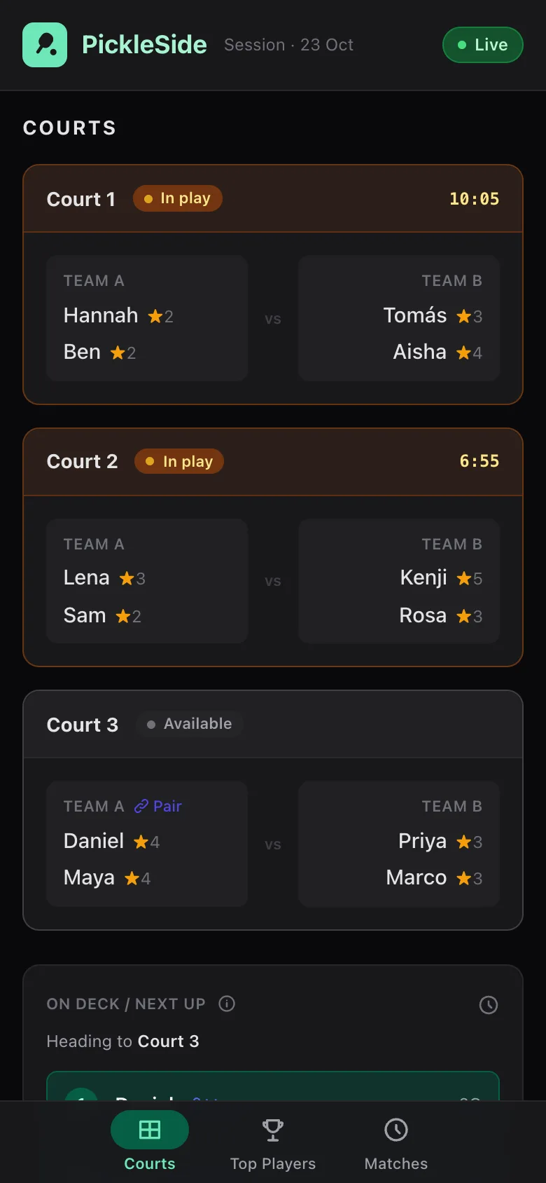 The live page on a phone: courts in play, then On Deck and the queue, with Courts, Top Players and Matches tabs at the bottom