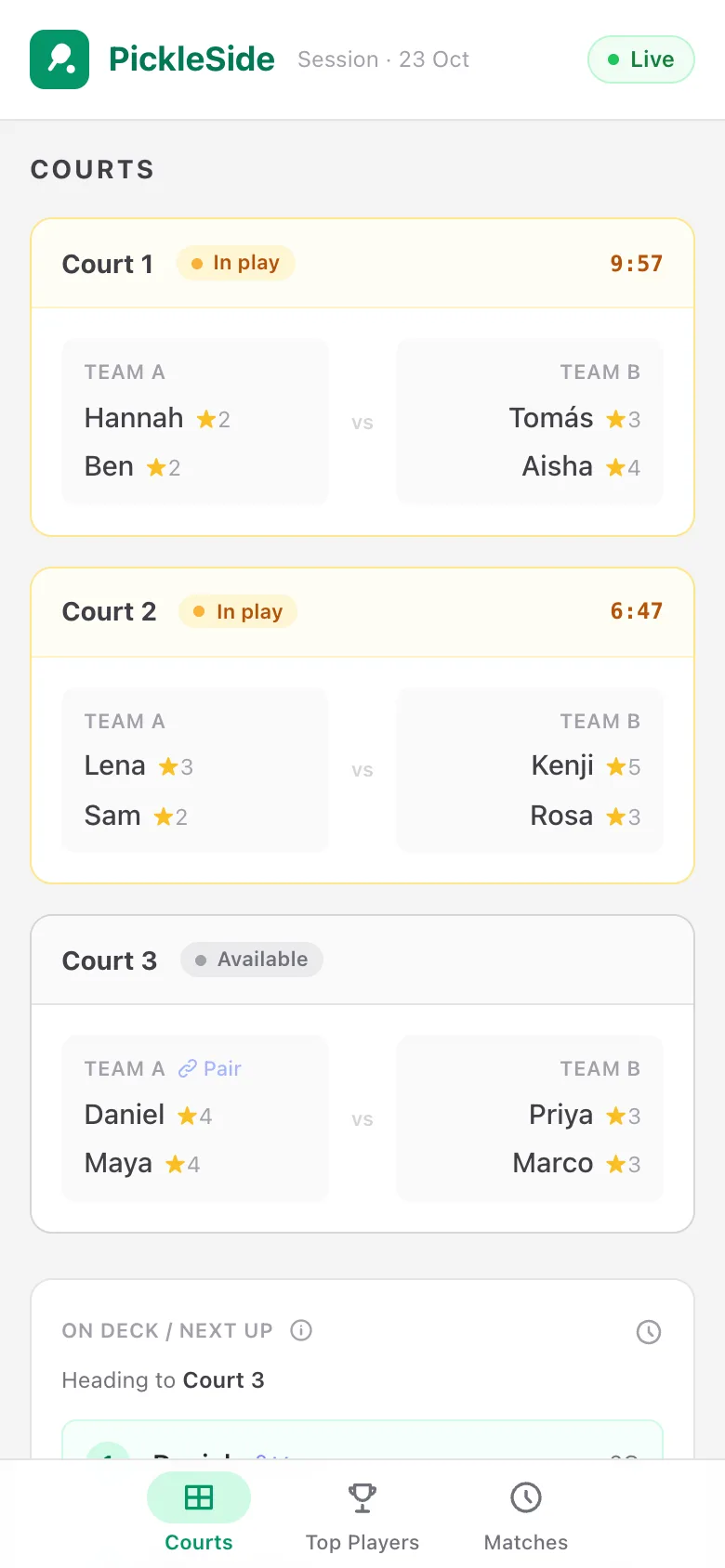 The live page on a phone: courts in play, then On Deck and the queue, with Courts, Top Players and Matches tabs at the bottom