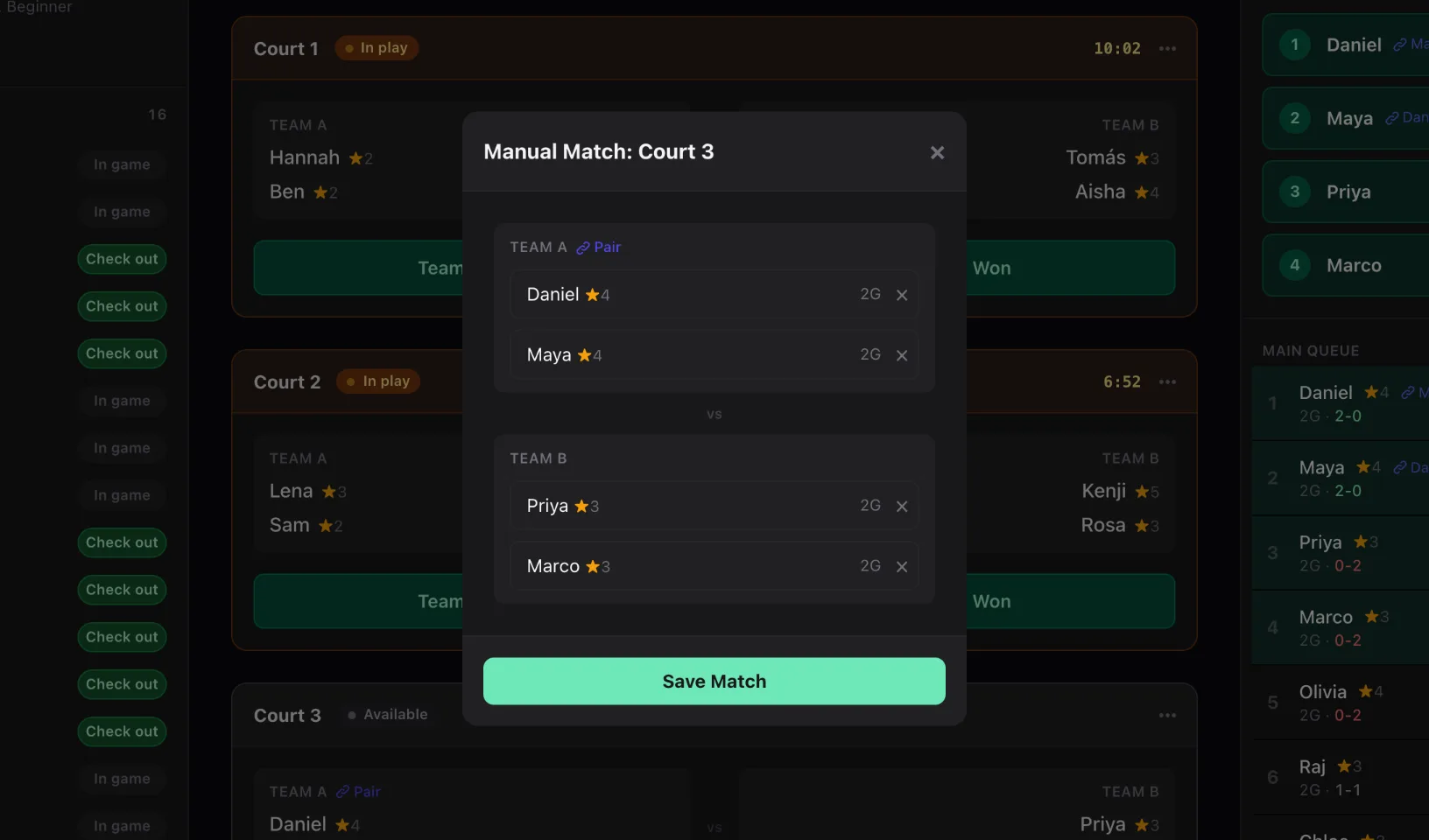 The Manual Match dialog for Court 3, with Team A and Team B side by side and a Save Match button