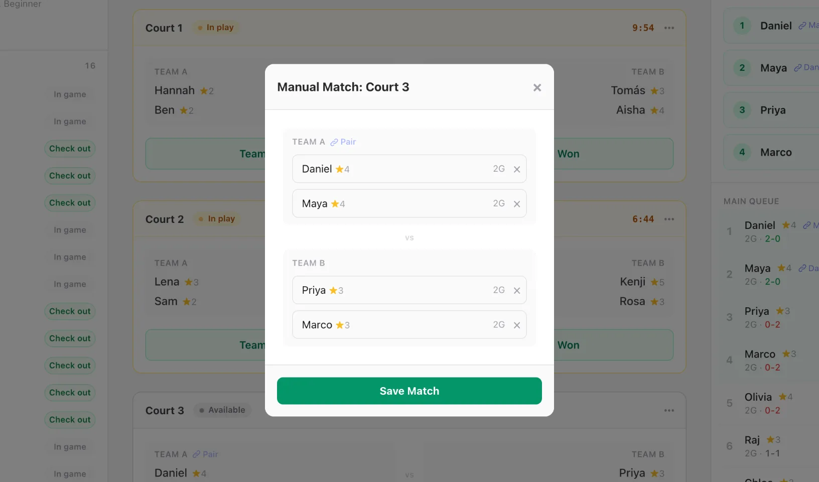 The Manual Match dialog for Court 3, with Team A and Team B side by side and a Save Match button