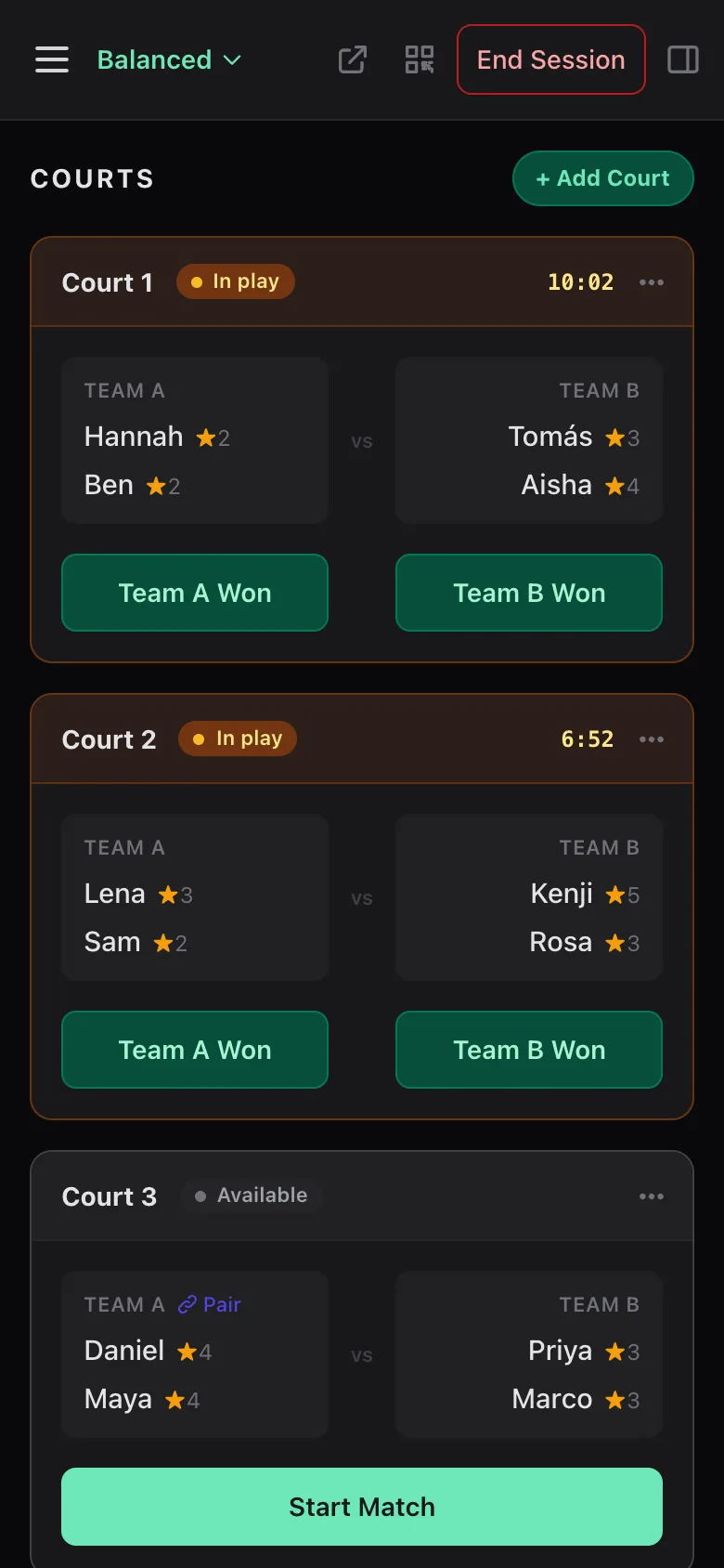PickleSide on a phone: three courts, two matches in play with live timers