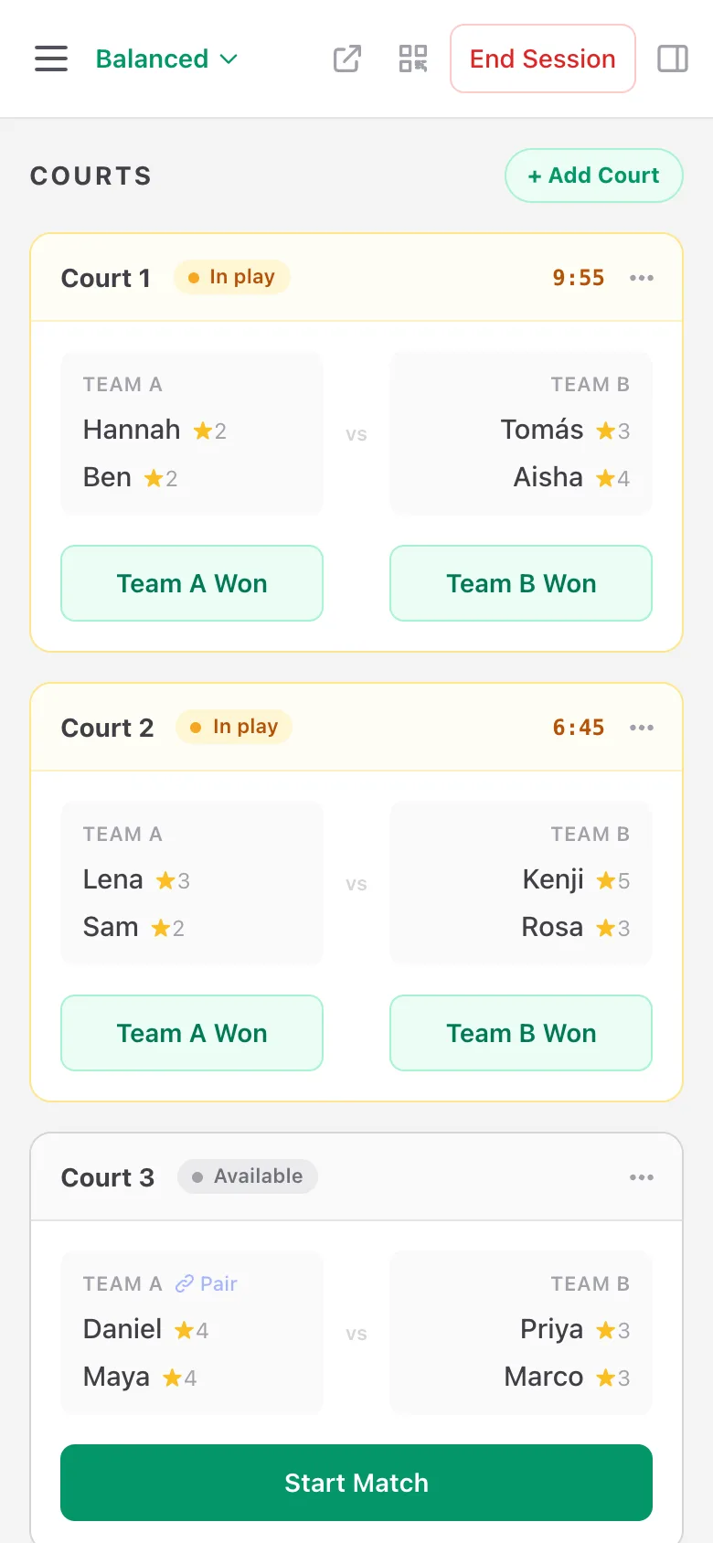 PickleSide on a phone: three courts, two matches in play with live timers