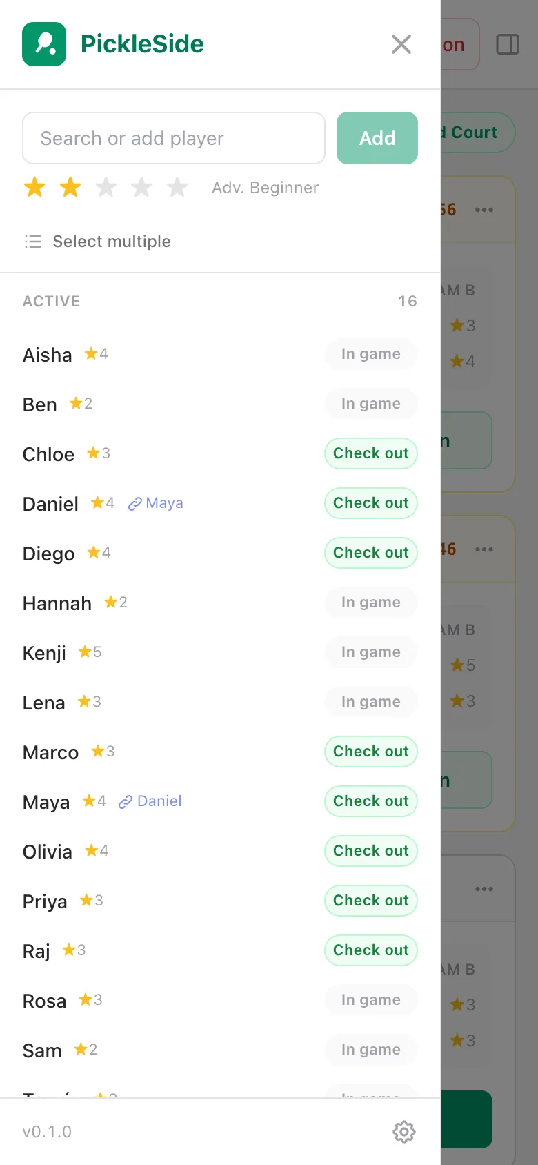 The roster on a phone, open over the dimmed courts, for adding and checking in players